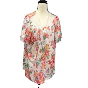 VINTAGE Vanity Fair Floral Lace Pajama Top Sleep Shirt Made in USA Women's XL 44